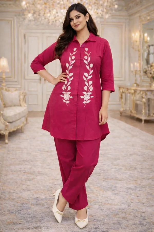 Women_Pink_Leaf_Embroidered_Cotton_Co-Ord_Set