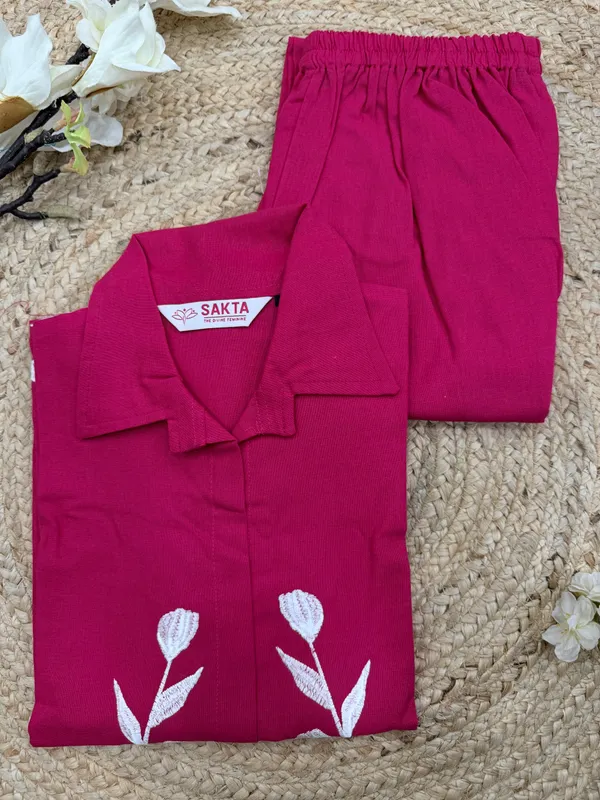 Women_Pink_Leaf_Embroidered_Cotton_Co-Ord_Set