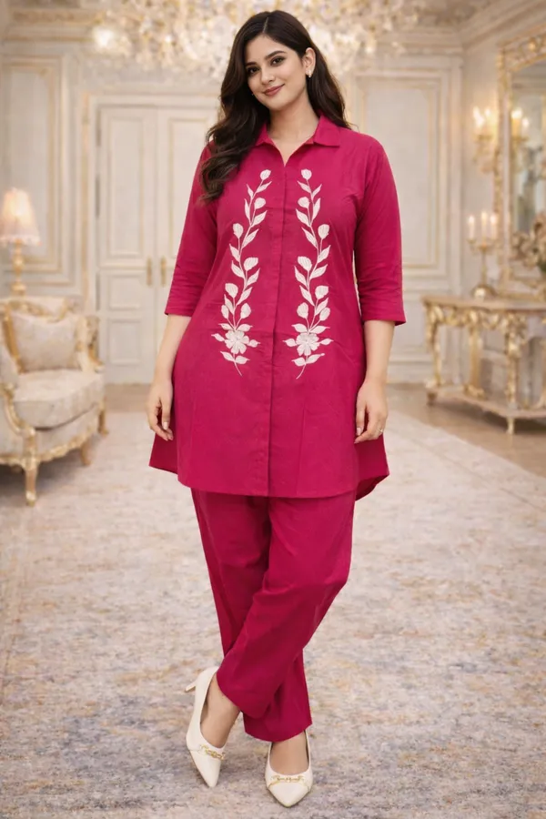 Women_Pink_Leaf_Embroidered_Cotton_Co-Ord_Set