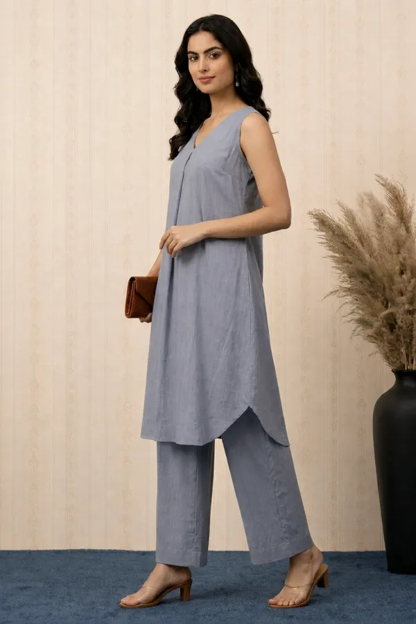 Pastel_Blue_Viscose_Blend__V_Neck_Kurta_With_Bottom_For_Women