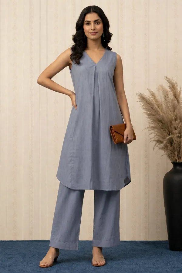 Pastel_Blue_Viscose_Blend__V_Neck_Kurta_With_Bottom_For_Women