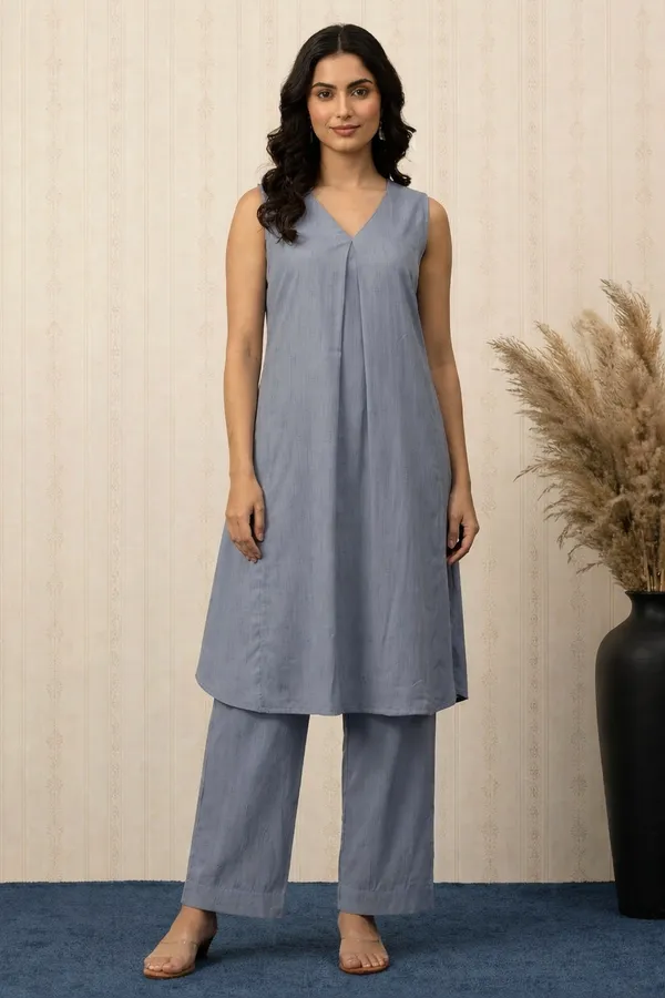 Pastel_Blue_Viscose_Blend__V_Neck_Kurta_With_Bottom_For_Women