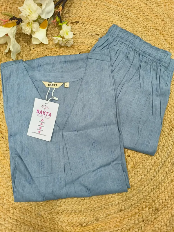 Pastel_Blue_Viscose_Blend__V_Neck_Kurta_With_Bottom_For_Women