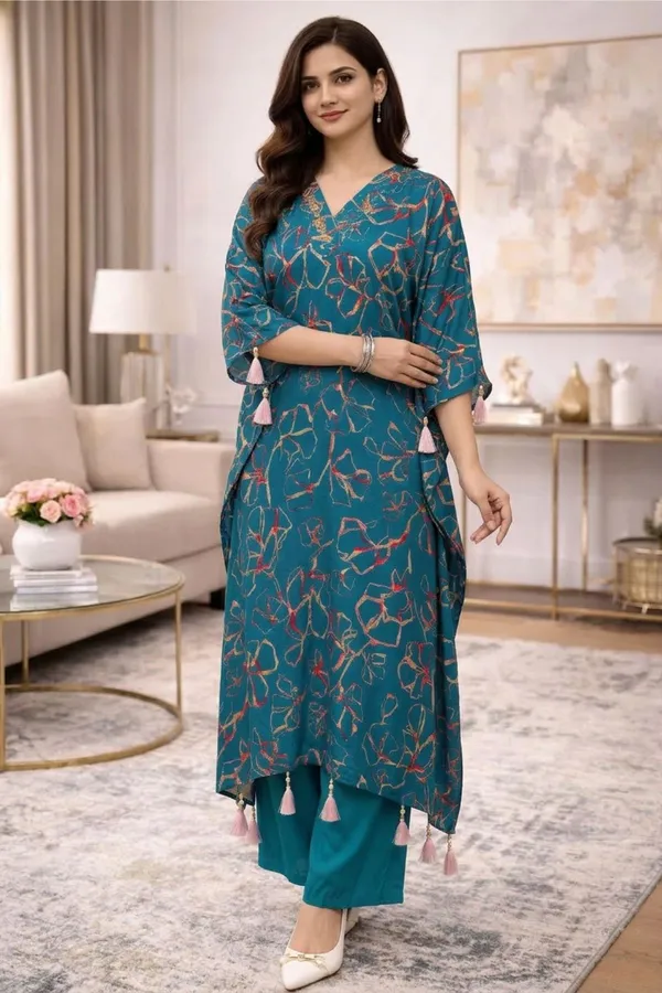 Blue_Chinnon_Floral_Print_Three_Piece_Kaftan_Dress_with_Crop_Top_and_Pant_For_Women