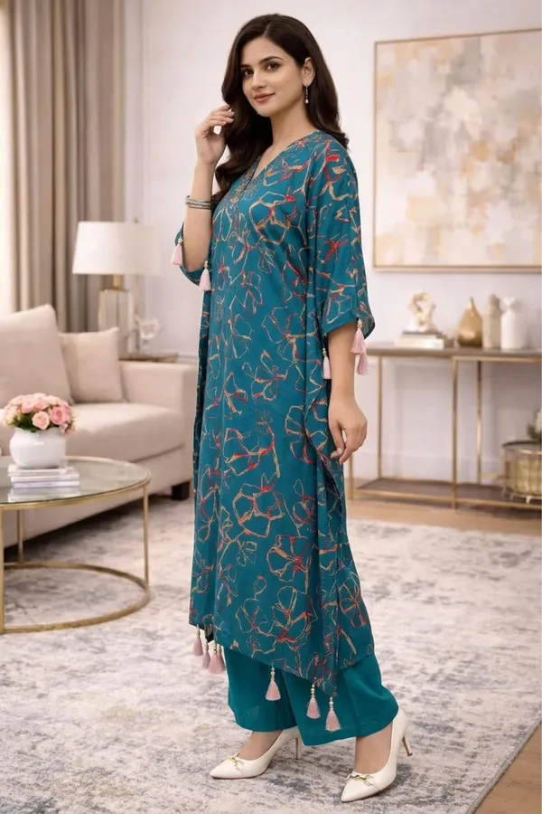 Blue_Chinnon_Floral_Print_Three_Piece_Kaftan_Dress_with_Crop_Top_and_Pant_For_Women