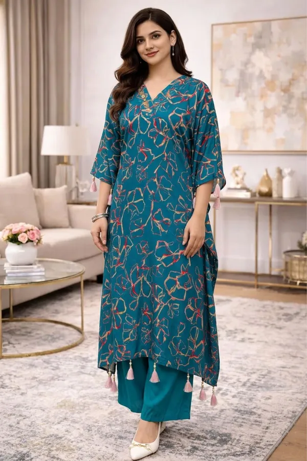 Blue_Chinnon_Floral_Print_Three_Piece_Kaftan_Dress_with_Crop_Top_and_Pant_For_Women