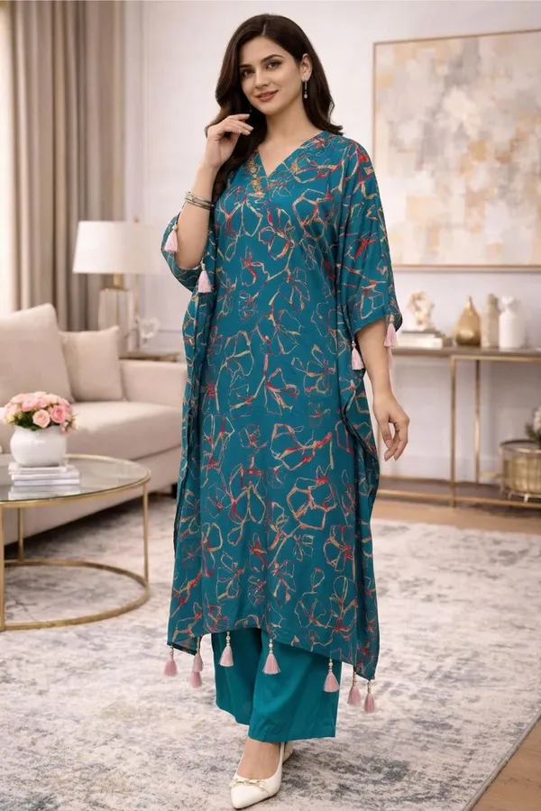 Blue_Chinnon_Floral_Print_Three_Piece_Kaftan_Dress_with_Crop_Top_and_Pant_For_Women