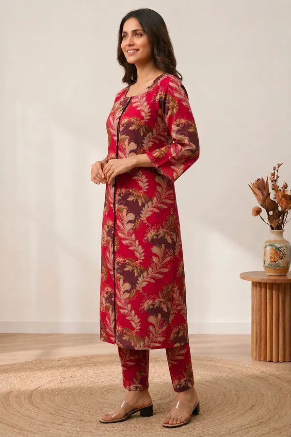 Red_Rayon_3/4_Bell_Sleeves_Round_Kurta_With_Bottomwear_For_Women