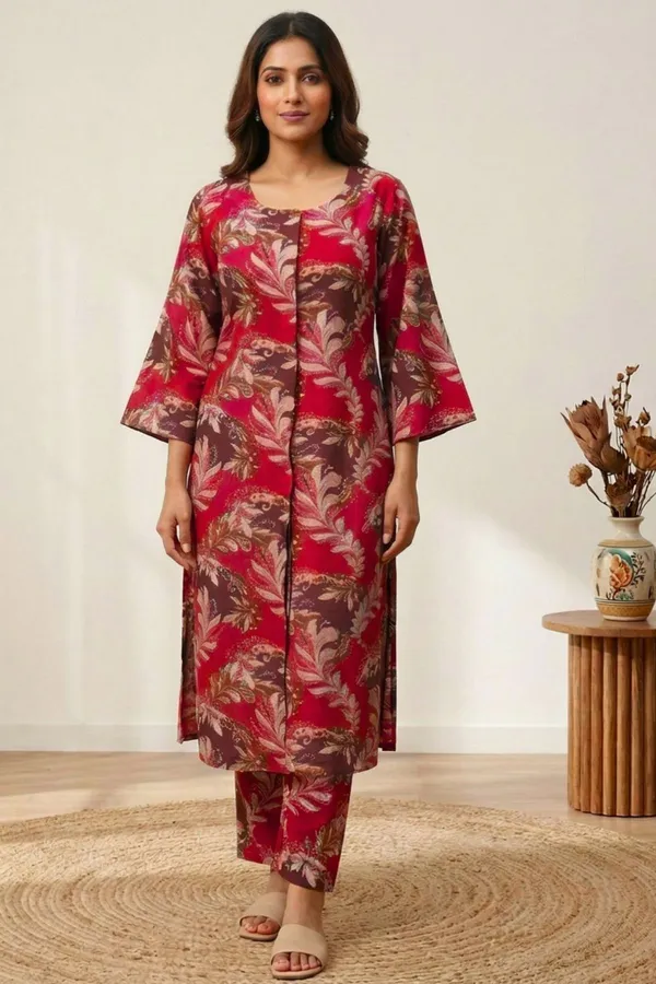 Red_Rayon_3/4_Bell_Sleeves_Round_Kurta_With_Bottomwear_For_Women