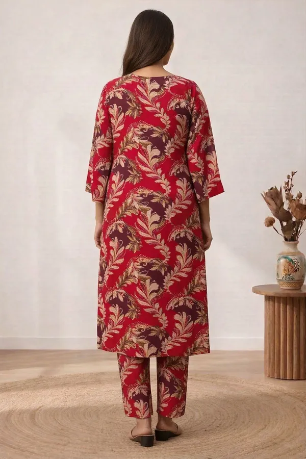 Red_Rayon_3/4_Bell_Sleeves_Round_Kurta_With_Bottomwear_For_Women