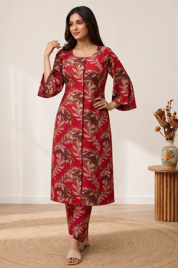 Red_Rayon_3/4_Bell_Sleeves_Round_Kurta_With_Bottomwear_For_Women