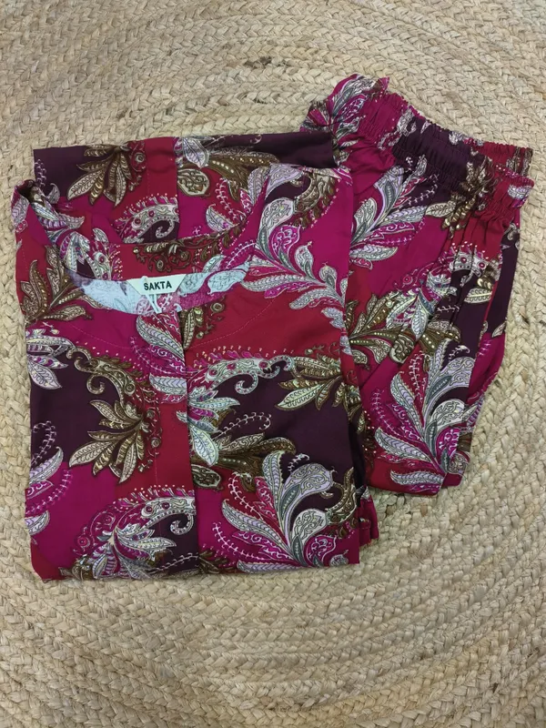 Red_Rayon_3/4_Bell_Sleeves_Round_Kurta_With_Bottomwear_For_Women