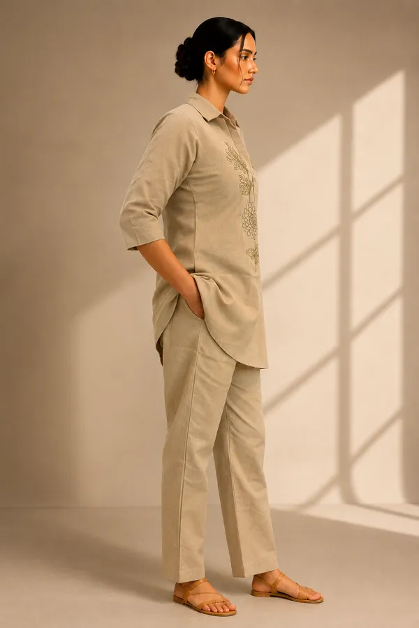 Women’s_Khaki_Embroidered_Linen_Cotton_Co-ord_Set