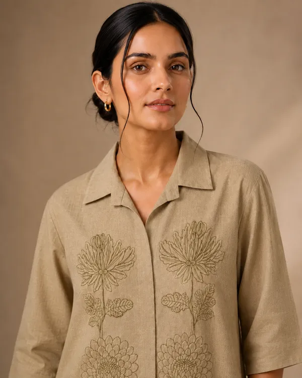 Women’s_Khaki_Embroidered_Linen_Cotton_Co-ord_Set