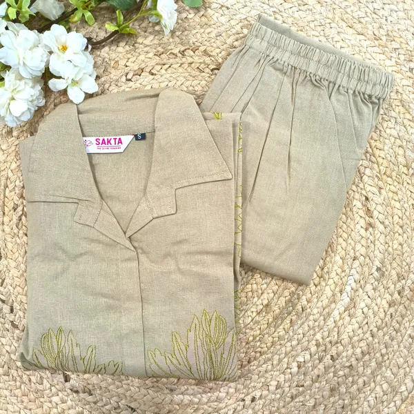 Women’s_Khaki_Embroidered_Linen_Cotton_Co-ord_Set