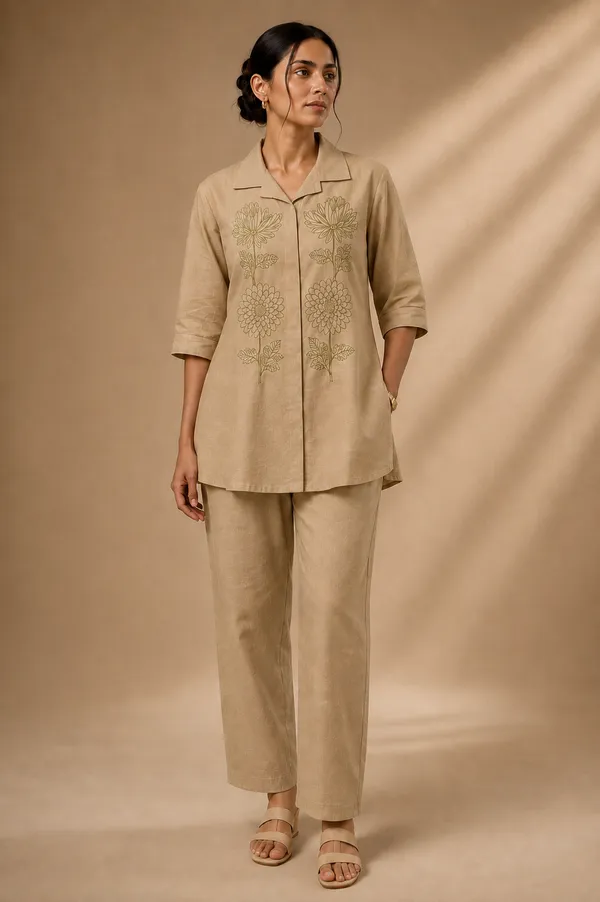 Women’s_Khaki_Embroidered_Linen_Cotton_Co-ord_Set