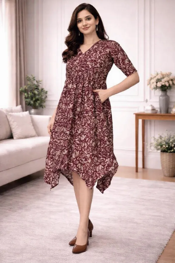 Maroon_Chanderi__Half_Sleeve_V_Neck_Dress_For_Women