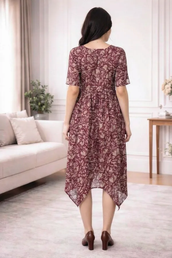 Maroon_Chanderi__Half_Sleeve_V_Neck_Dress_For_Women