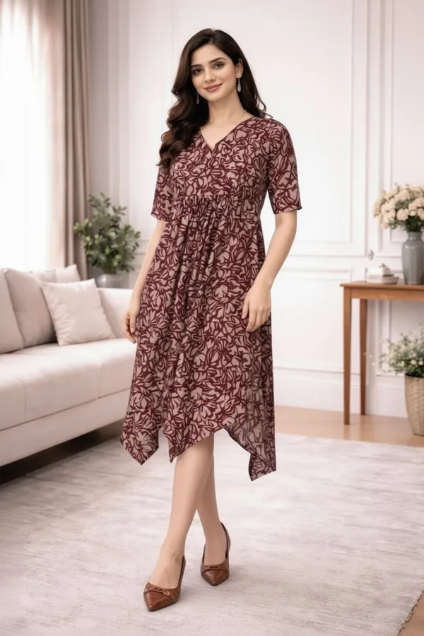 Maroon_Chanderi__Half_Sleeve_V_Neck_Dress_For_Women