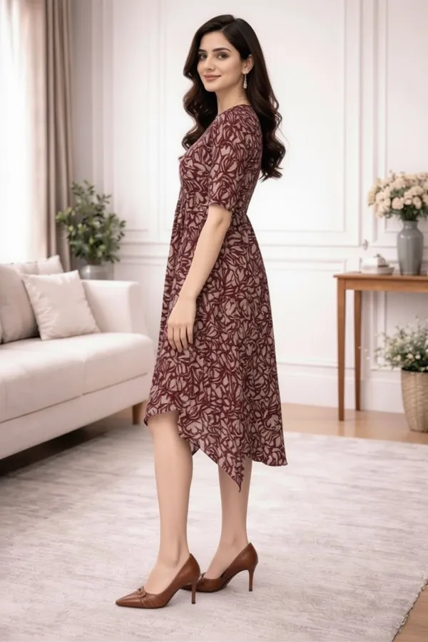 Maroon_Chanderi__Half_Sleeve_V_Neck_Dress_For_Women