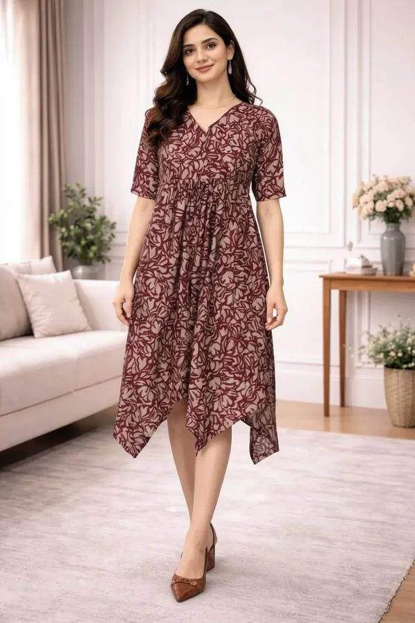 Maroon_Chanderi__Half_Sleeve_V_Neck_Dress_For_Women