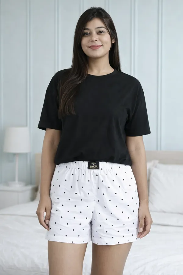 White_&_Black_Cotton_Half_Sleeve_Round_T_Shirt_With_Shorts_For_Women