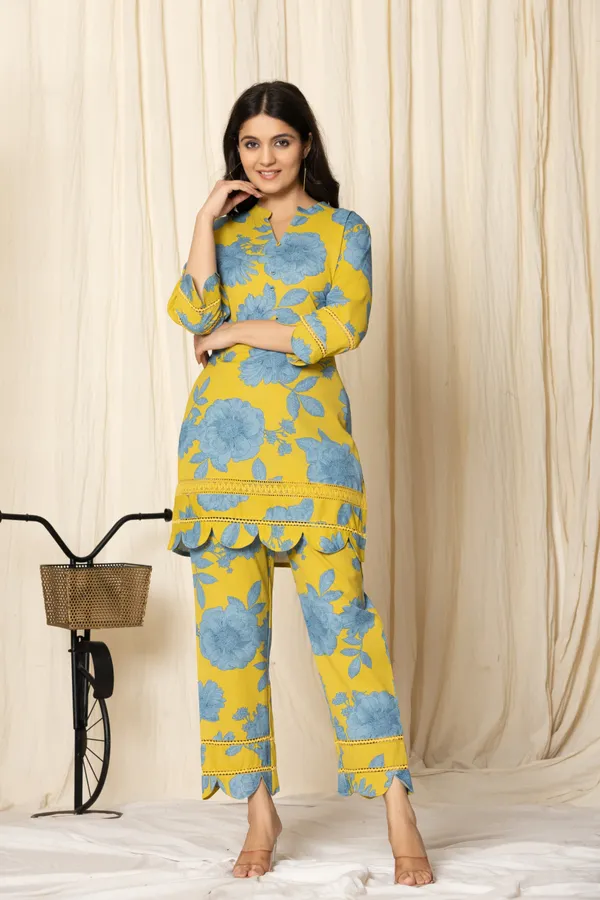 Yellow_And_Sky_Blue_Pure_Cotton_Floral_Print_Top_And_Bottom_Set_for_Women