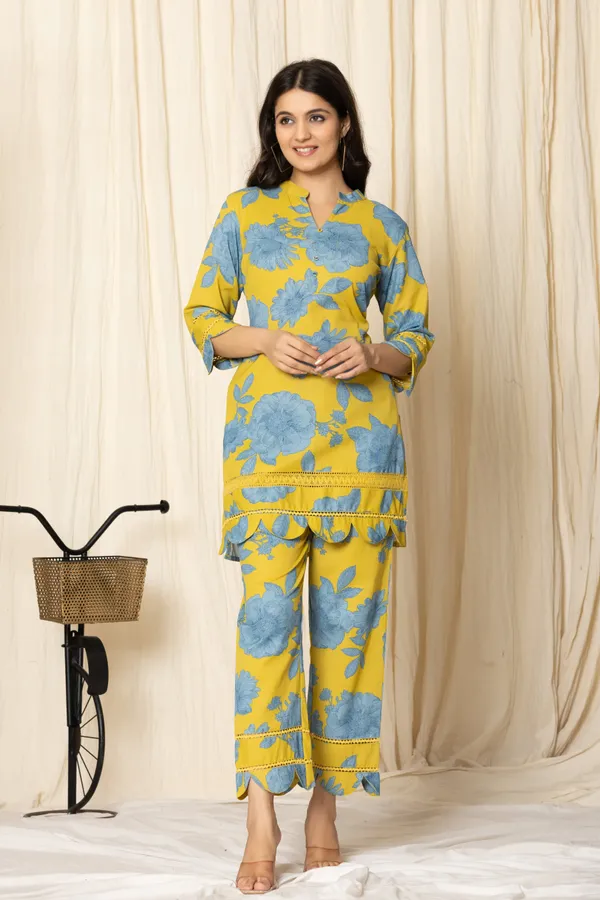 Yellow_And_Sky_Blue_Pure_Cotton_Floral_Print_Top_And_Bottom_Set_for_Women