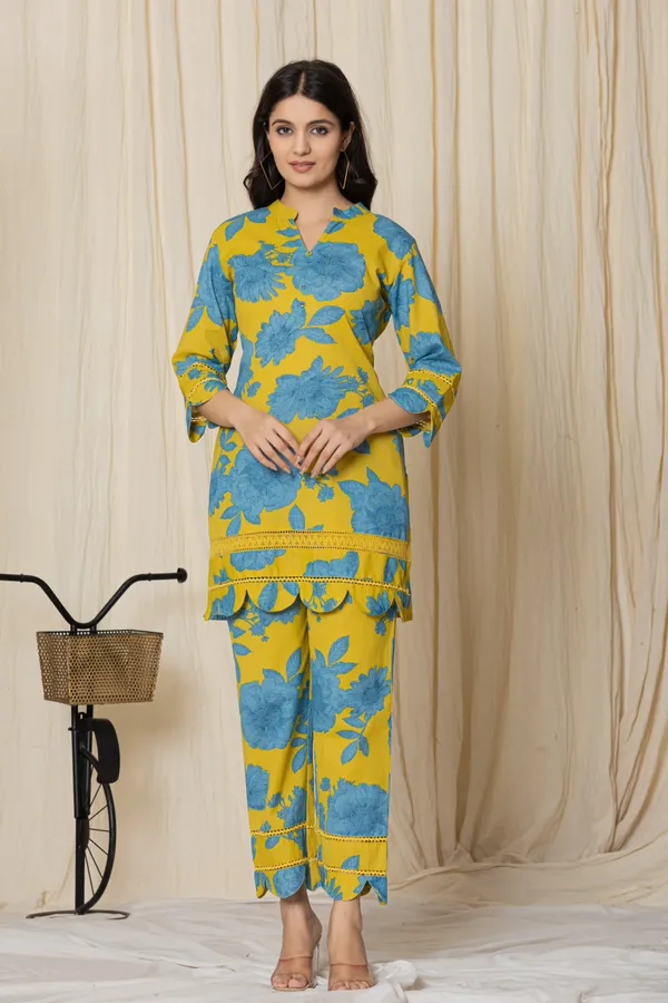 Yellow_And_Sky_Blue_Pure_Cotton_Floral_Print_Top_And_Bottom_Set_for_Women