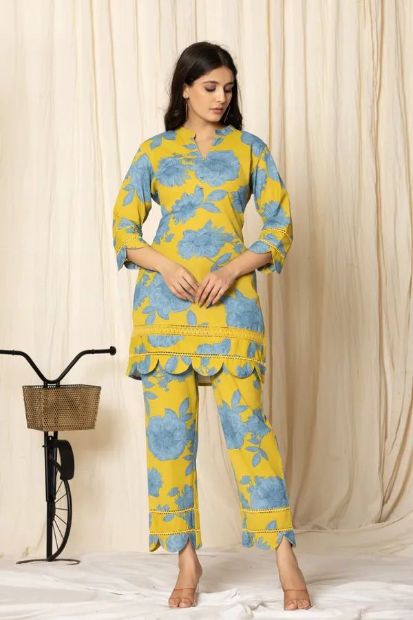 Yellow_And_Sky_Blue_Pure_Cotton_Floral_Print_Top_And_Bottom_Set_for_Women
