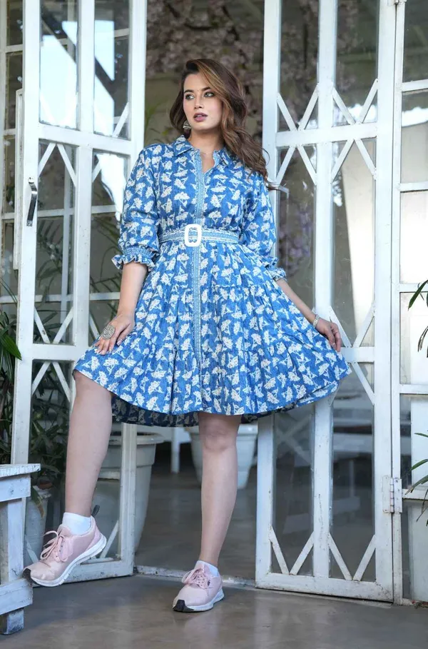Blue_Pure_Cotton_3/4_Sleeve_Collar_Neck_Midi_Dress_For_Women