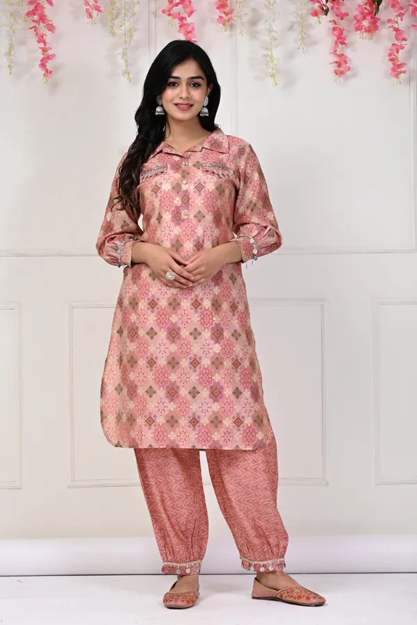 Pink_Muslin_Printed_And_Hand_Work_Full_Sleeve_Kurta_With_Bottom_For_Women