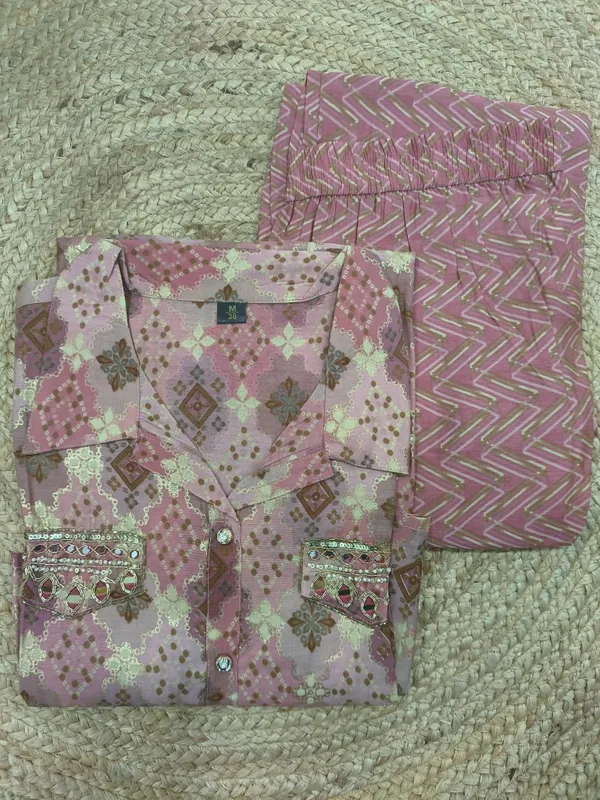Pink_Muslin_Printed_And_Hand_Work_Full_Sleeve_Kurta_With_Bottom_For_Women