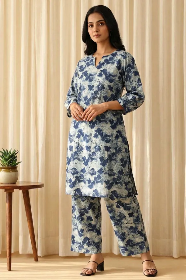 Tie-Dye_Blue_Pure_Cotton_3/4_Sleeves_Round_Kurta_With_Bottom_For_Women
