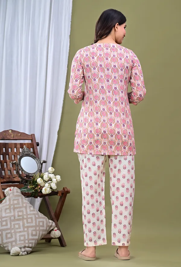 Beige_Pure_Cotton_3/4_Sleeve_Round_Co-Ord_Set_For_Women