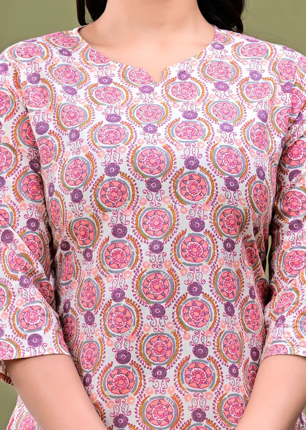 Beige_Pure_Cotton_3/4_Sleeve_Round_Co-Ord_Set_For_Women