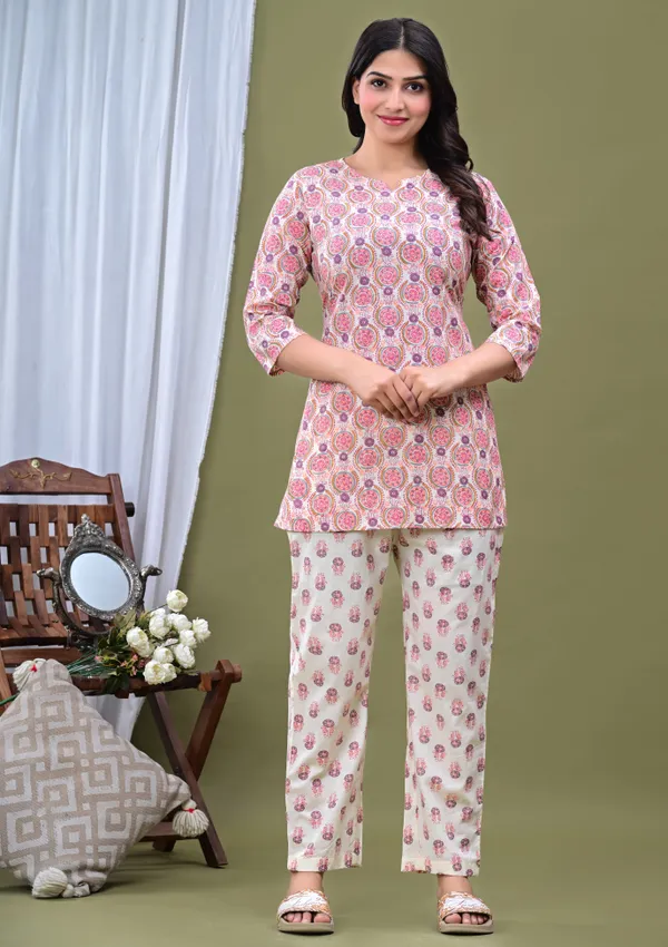 Beige_Pure_Cotton_3/4_Sleeve_Round_Co-Ord_Set_For_Women