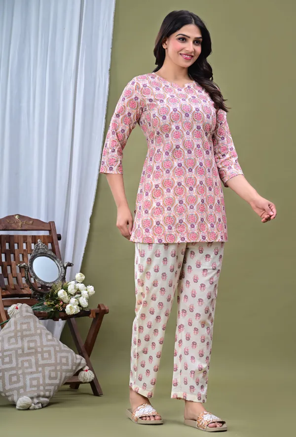 Beige_Pure_Cotton_3/4_Sleeve_Round_Co-Ord_Set_For_Women
