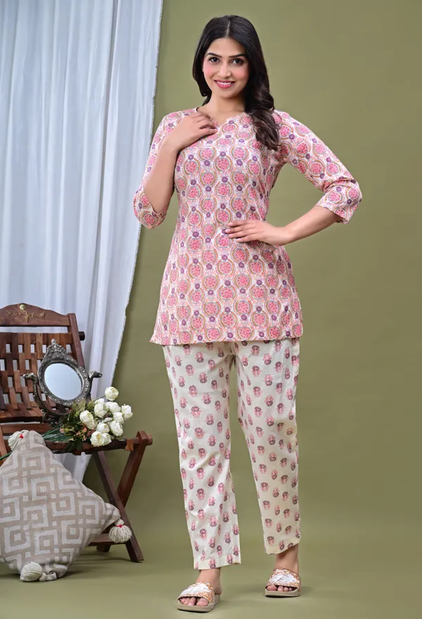 Beige_Pure_Cotton_3/4_Sleeve_Round_Co-Ord_Set_For_Women