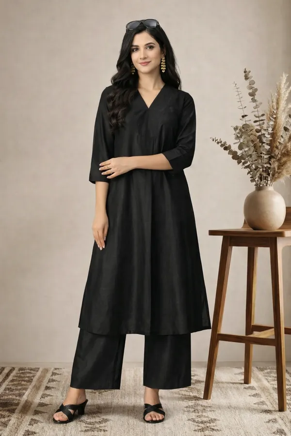 Black_Cotton_Silk_3/4_Sleeves_V-Neck_A-Line_Kurta_With_Bottom_For_Women
