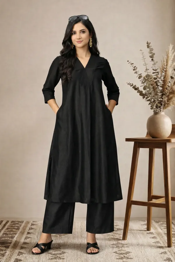 Black_Cotton_Silk_3/4_Sleeves_V-Neck_A-Line_Kurta_With_Bottom_For_Women