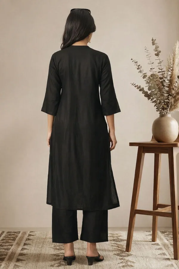 Black_Cotton_Silk_3/4_Sleeves_V-Neck_A-Line_Kurta_With_Bottom_For_Women