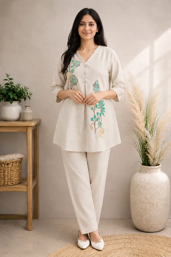 Women_V_Neck_Pleat_Co-ord_Set_in_Linen_Cotton