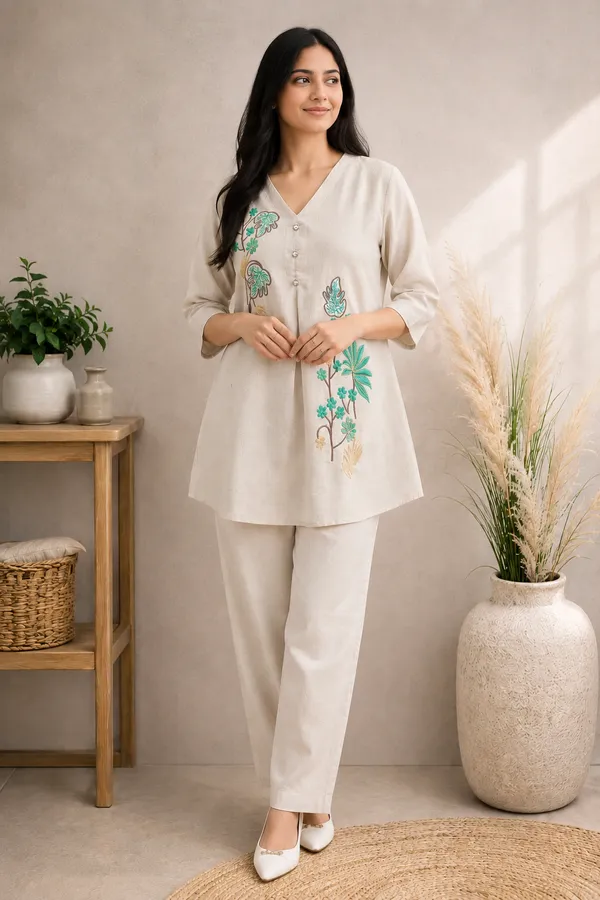 Women_V_Neck_Pleat_Co-ord_Set_in_Linen_Cotton