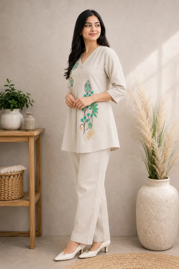 Women_V_Neck_Pleat_Co-ord_Set_in_Linen_Cotton