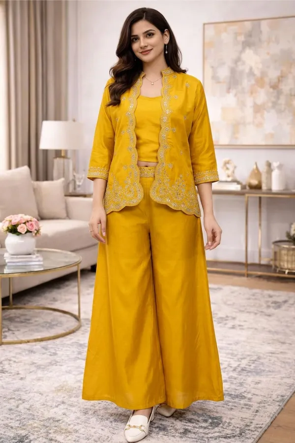 Yellow_Zari_Embroided_Three_Fourth_Sleeve_Three_Piece_Dress_For_Women