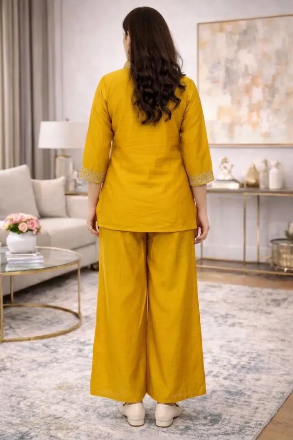Yellow_Zari_Embroided_Three_Fourth_Sleeve_Three_Piece_Dress_For_Women