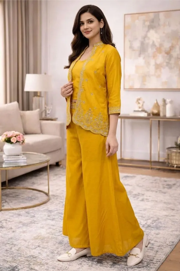 Yellow_Zari_Embroided_Three_Fourth_Sleeve_Three_Piece_Dress_For_Women