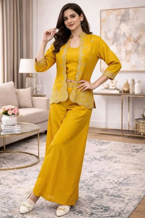 Yellow_Zari_Embroided_Three_Fourth_Sleeve_Three_Piece_Dress_For_Women