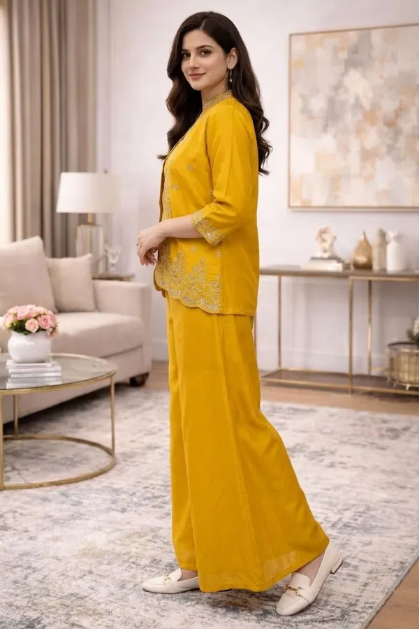 Yellow_Zari_Embroided_Three_Fourth_Sleeve_Three_Piece_Dress_For_Women